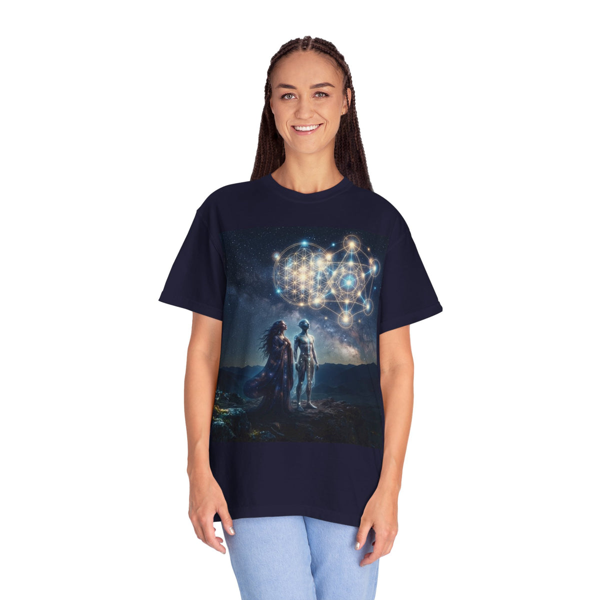 Sacred Geometry Starfolk T-shirt | Astral Couple, Metatron Cube Cosmic Design