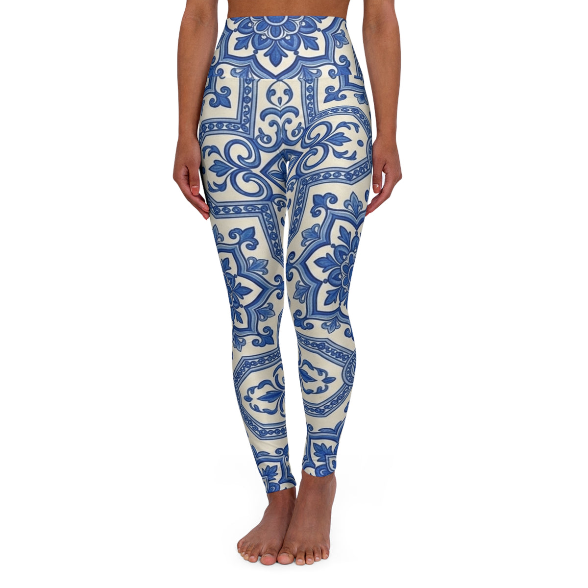Blue Tile Pattern Leggings | High Waisted Yoga Leggings Spanish Talavera Ceramic Print, Mosaic Mandala Boho Festival Pants