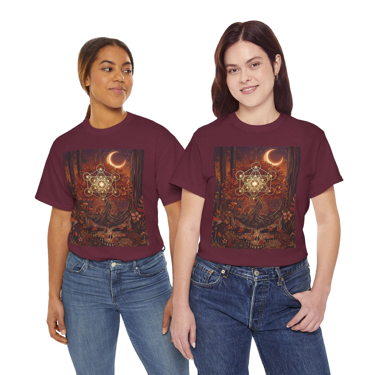 Metatron's Cube Crescent Moon T-Shirt | Mystic Forest Skull Design, Deadhead gift