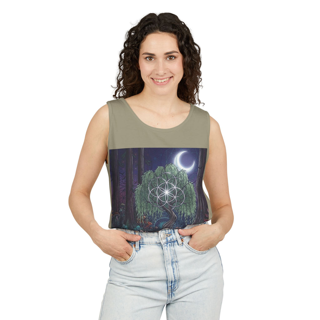 Mystical Moonlit Forest Tree Tank Top | Crescent Moon, Geometric Flower of Life