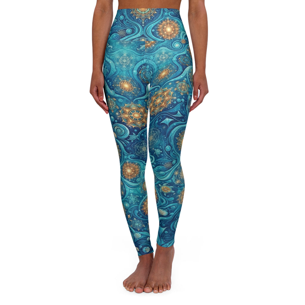 Teal Gold Mandala Pattern Leggings | High Waisted Yoga Leggings