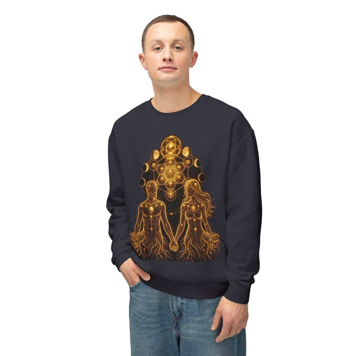 Sacred Geometry Couple illustration Crewneck Sweatshirt | Golden mystical design, Burning Man Apparel, Deadhead Gift