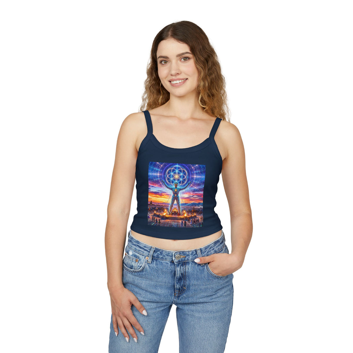 Cosmic Visionary Figure tank top | Sacred Geometry Sunset