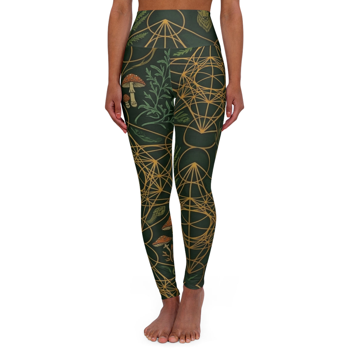 Botanical Sacred Geometry Leggings | High Waisted Yoga Leggings | Forest Mushroom Mandala Pants, Boho Festival Wear