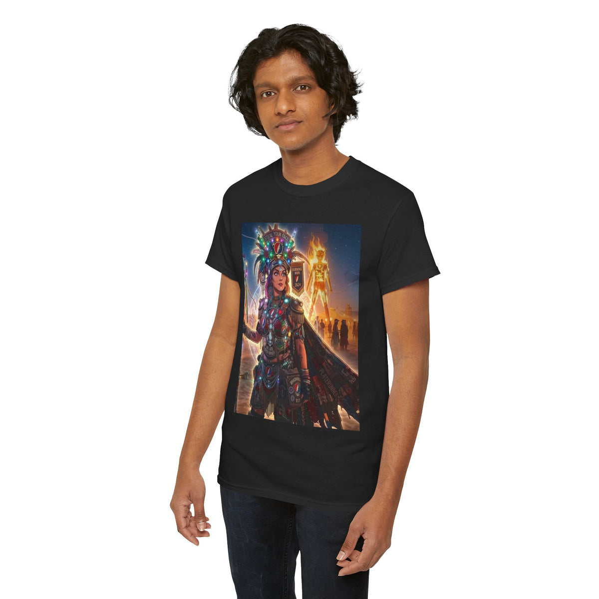 Aztec Warrior Art T-Shirt | Tribal Headdress, Festival Night Scene