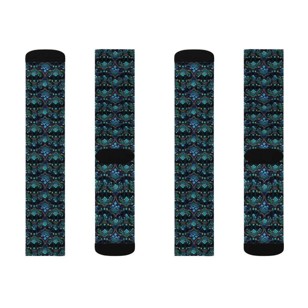 Teal Mushroom Socks Pattern Socks | Sublimation Crew Socks, Boho, Sacred Geometry