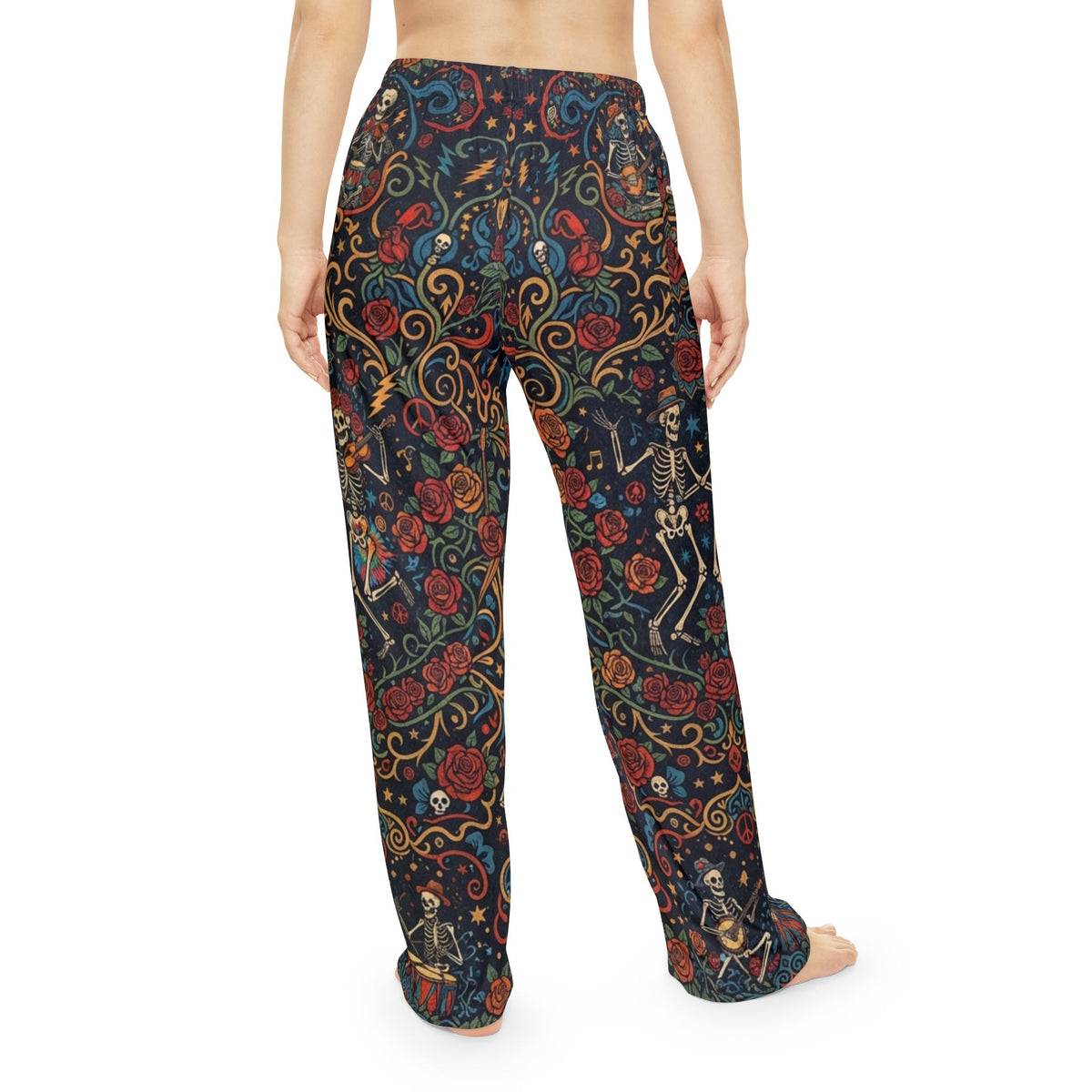 Ornate Deadhead Skeleton Pajama All-Over Print Loungewear Sleep Bottoms, Psychedelic Sacred Geometry Hippie Festival Pjs