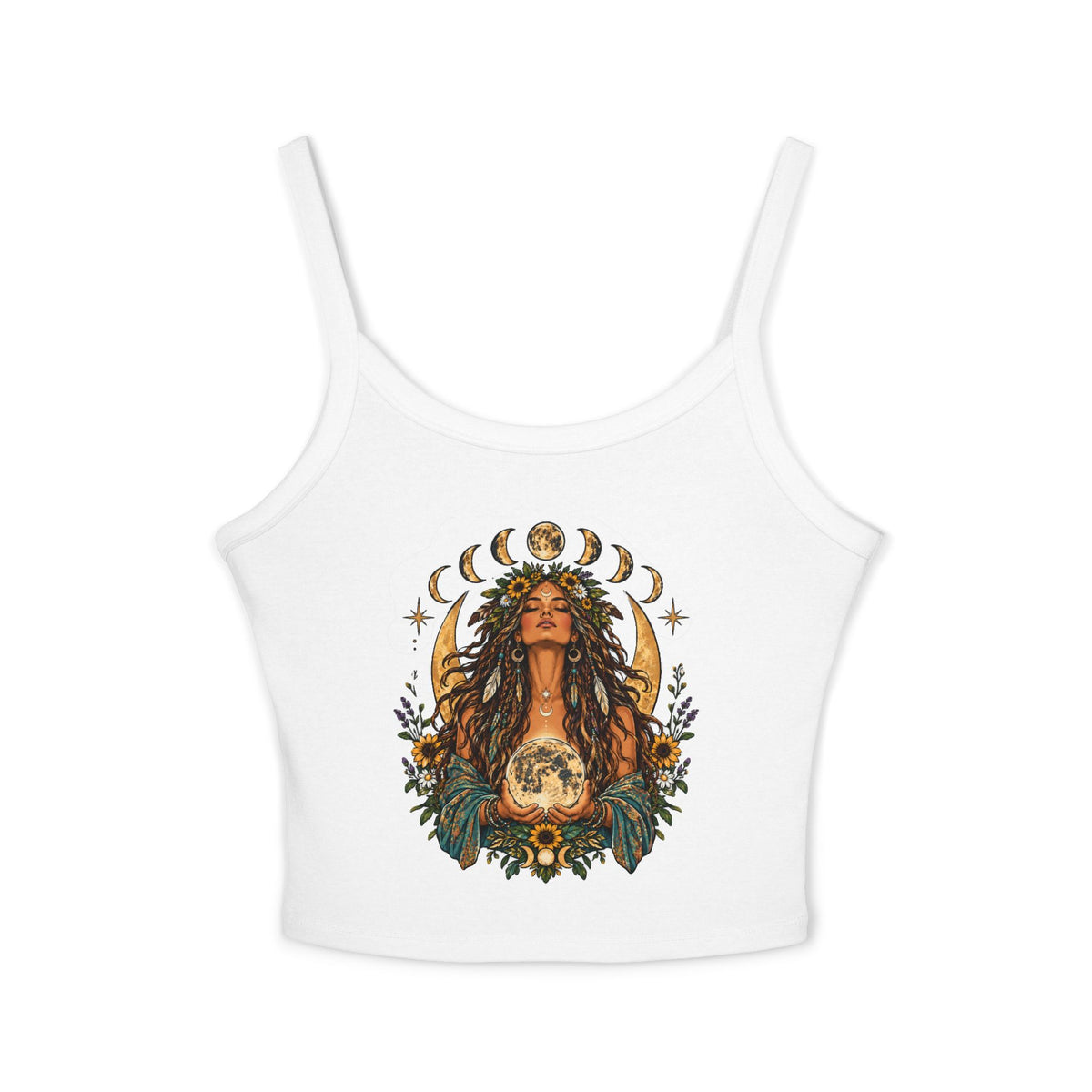 Moon Goddess Floral Illustration Tank Top | Boho Celestial Art Crop Top