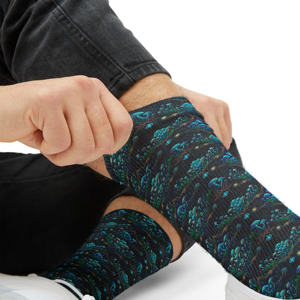 Teal Mushroom Socks Pattern Socks | Sublimation Crew Socks, Boho, Sacred Geometry