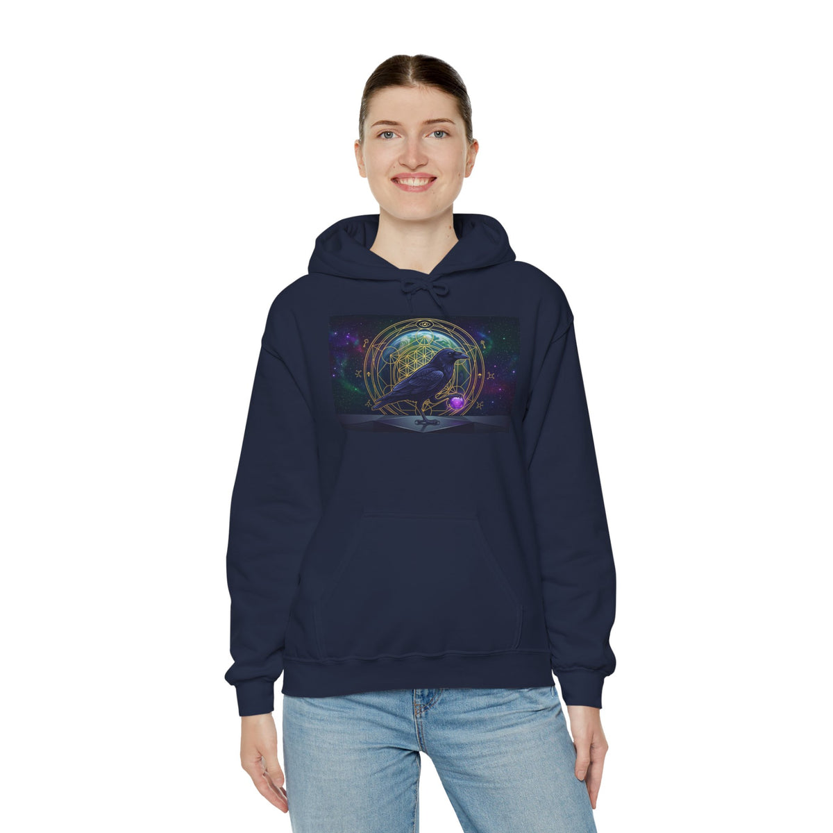 Mystic Raven Illustration Hoodie | Celestial Orb, Night Sky