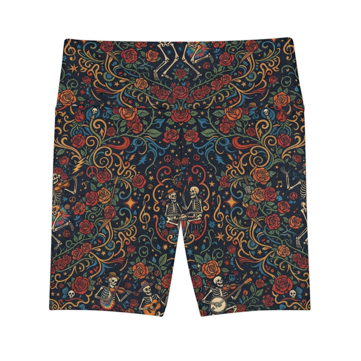 Ornate Deadhead Skeleton Pattern Biker Shorts | High Waisted Yoga Workout Shorts, Psychedelic Sacred Geometry Earth Tone
