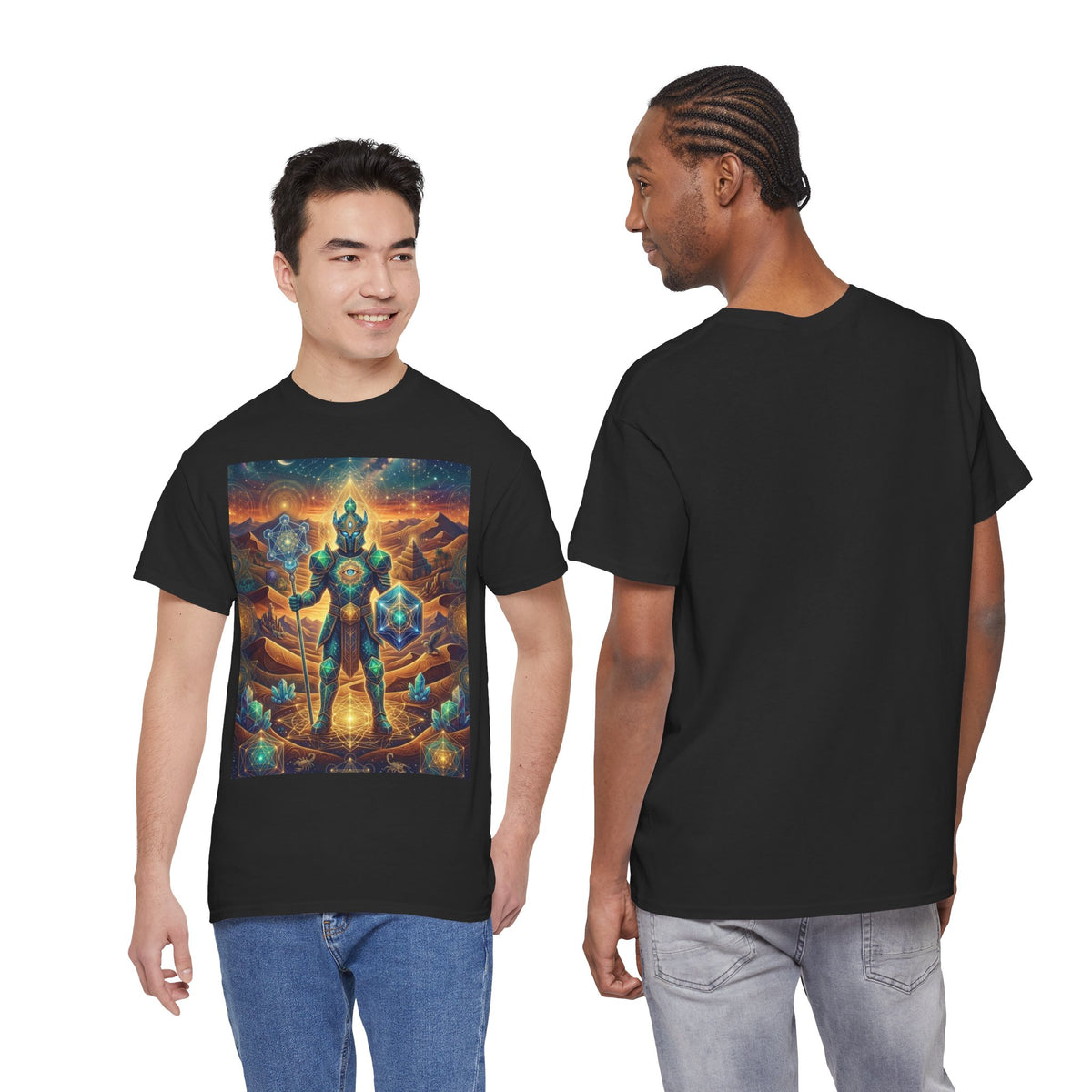 Cosmic Guardian Warrior T-Shirt | Mystic Geometric Armor, Starglow Artwork