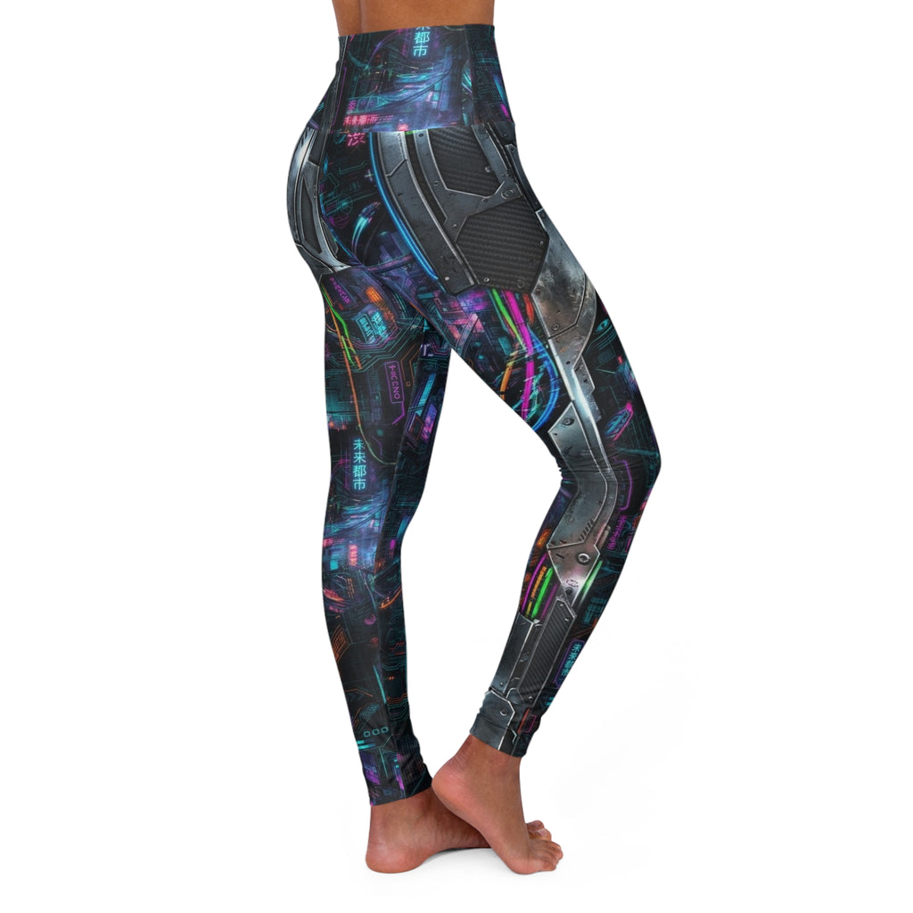 Neon Cyberpunk Circuit Leggings High Waisted Yoga Leggings | Futuristic City Print