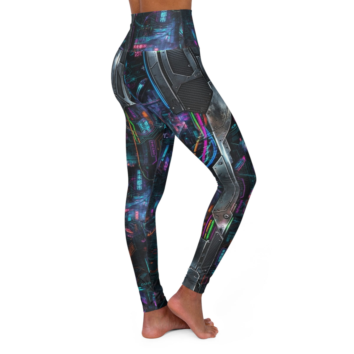 Neon Cyberpunk Circuit Leggings High Waisted Yoga Leggings | Futuristic City Print