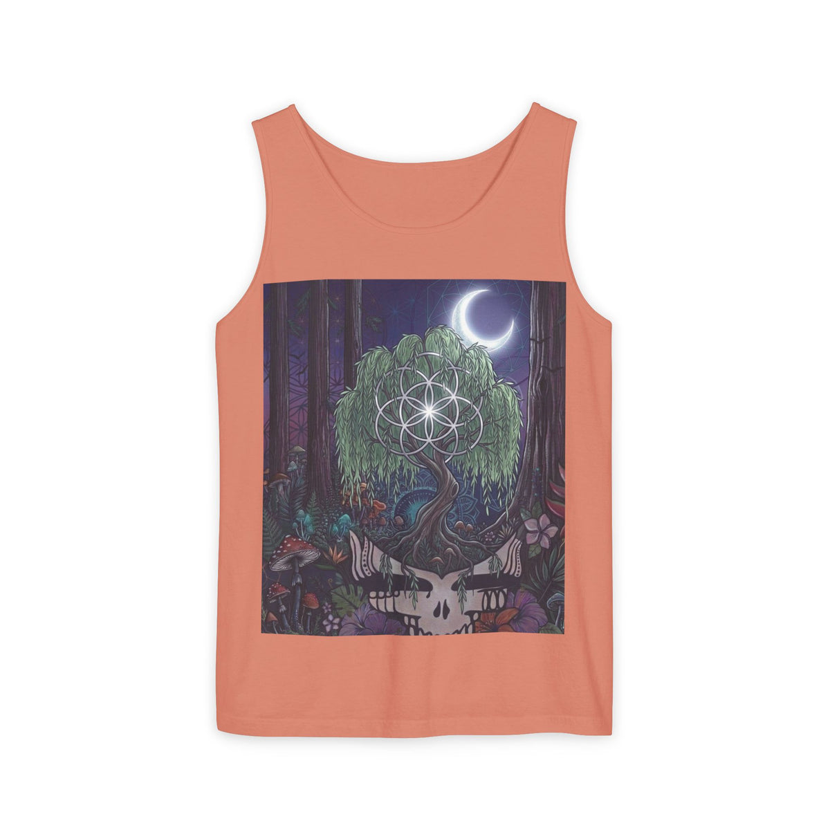 Mystical Moonlit Forest Tree Tank Top | Crescent Moon, Geometric Flower of Life