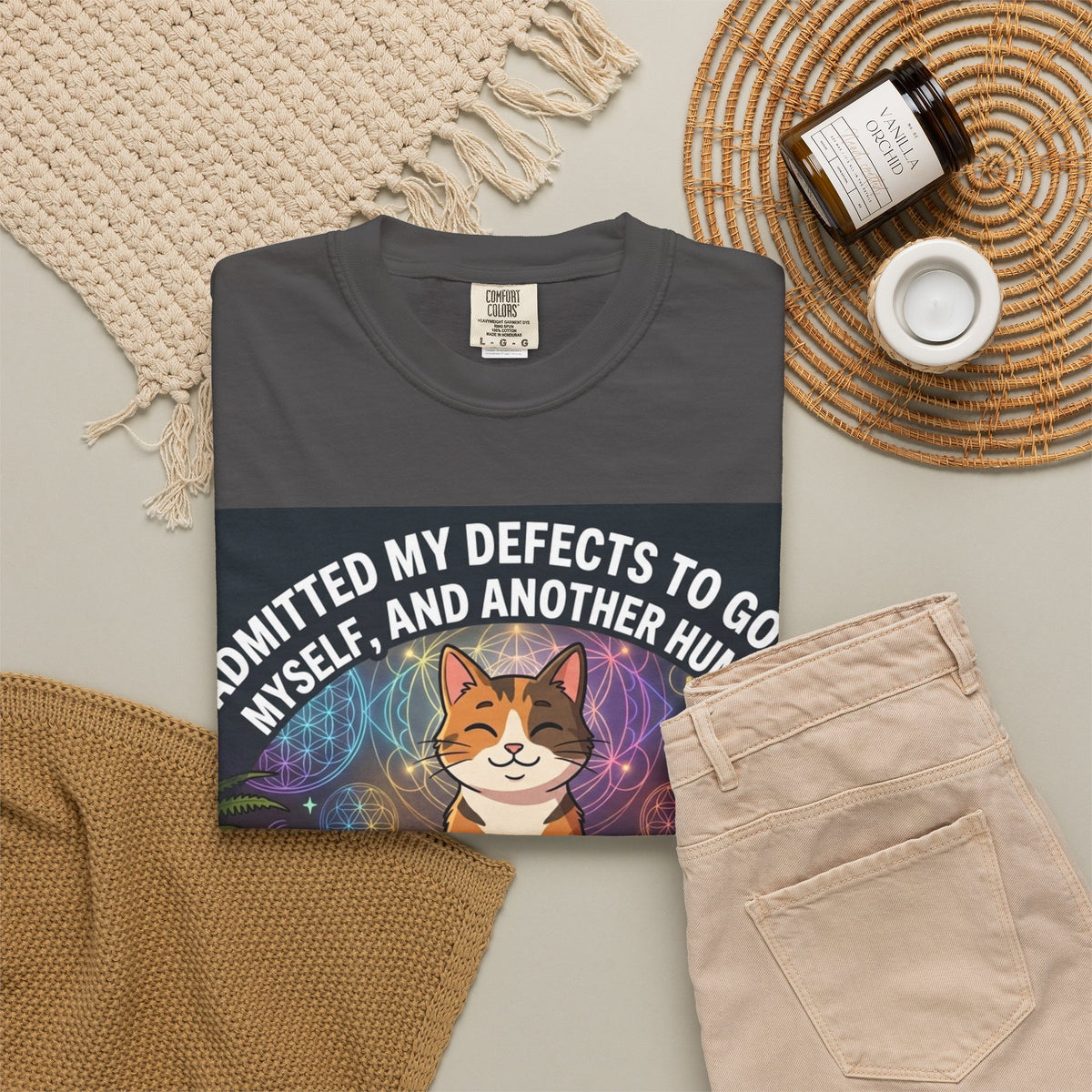 Meditating Cat Yoga T-Shirt Admitted My Defects Funny Spiritual Tee, NA Recovery Tee, Spiritual Principle
