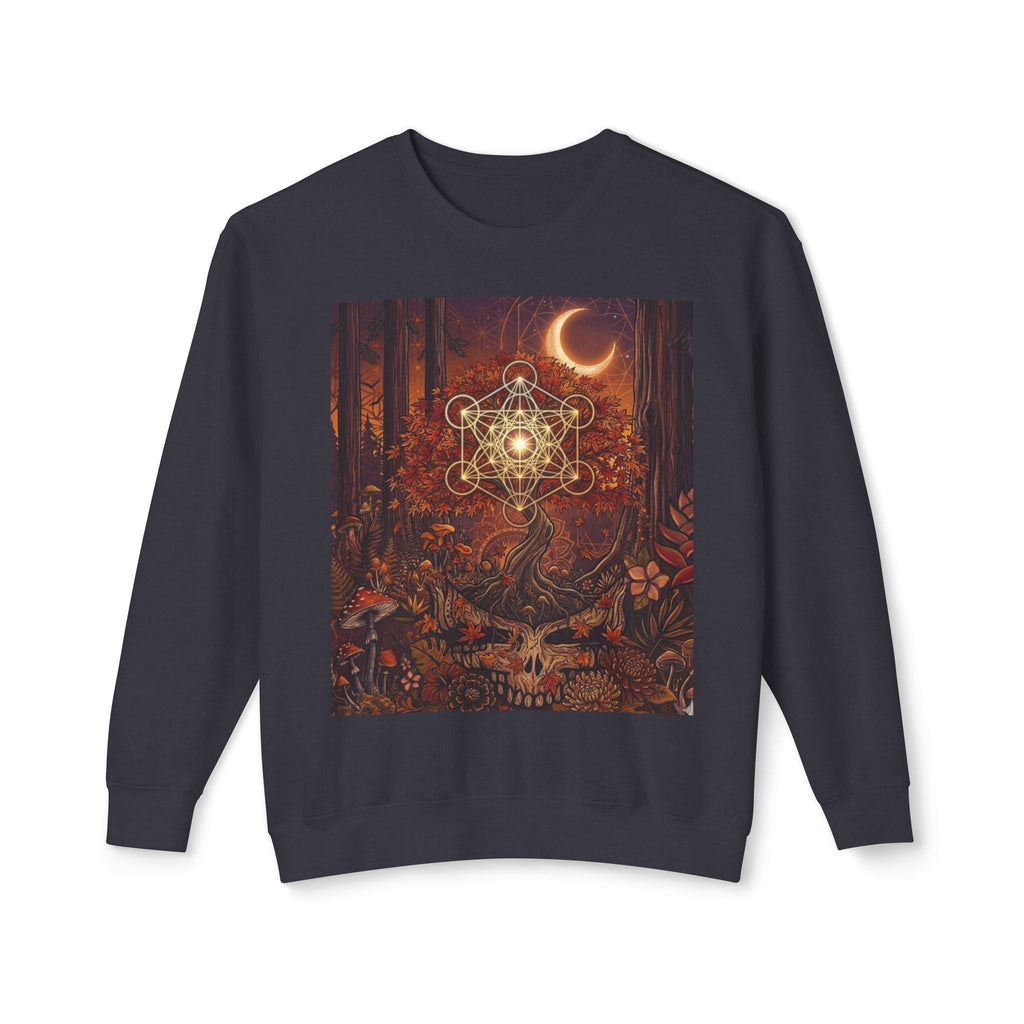 Forest Skull with Sacred Geometry Sweatshirt | Crescent Moon, Autumn Mushroom Scene, deadhead gift