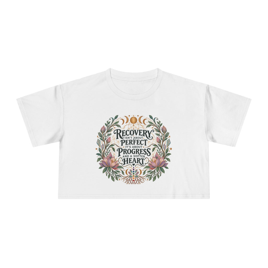 Recovery Is Progress Crop Tee | Floral Laurel Design, Inspirational Quote