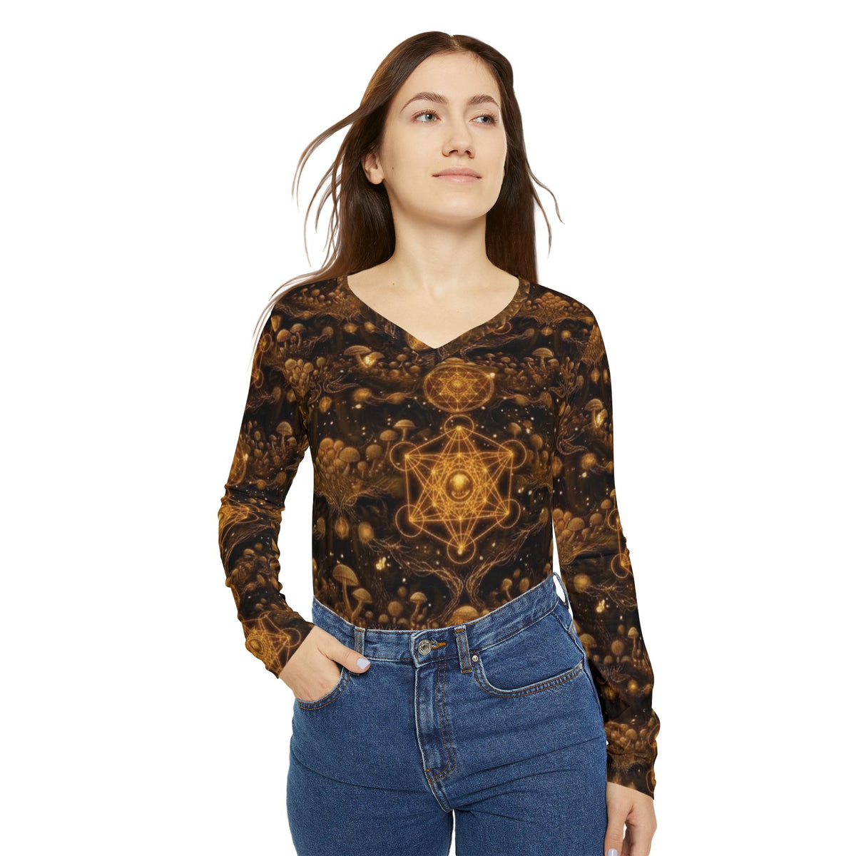 Golden Kaleidoscope Pattern Women's Long Sleeve V-neck Shirt | All-over Print, Burner Gear