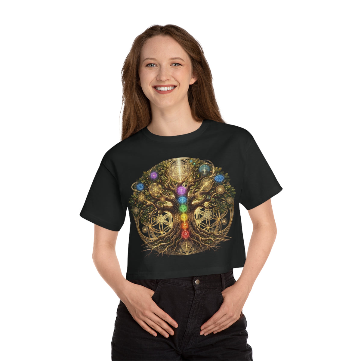 Tree of Life with Chakra Symbols Cropped T-Shirt | Spiritual Yoga Top