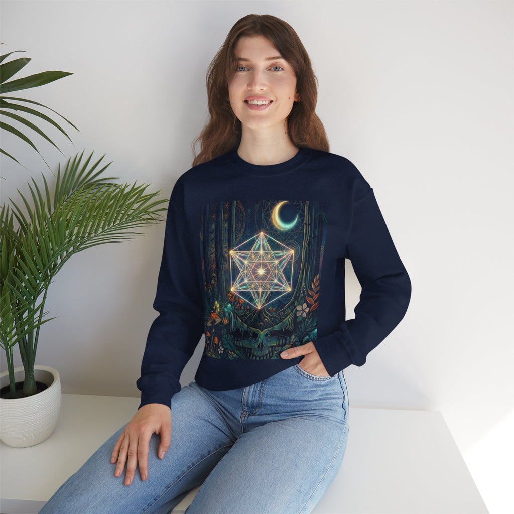 Sacred Geometry Star Mandala Crewneck Sweatshirt | Moon Forest Illustration, Deadhead gift