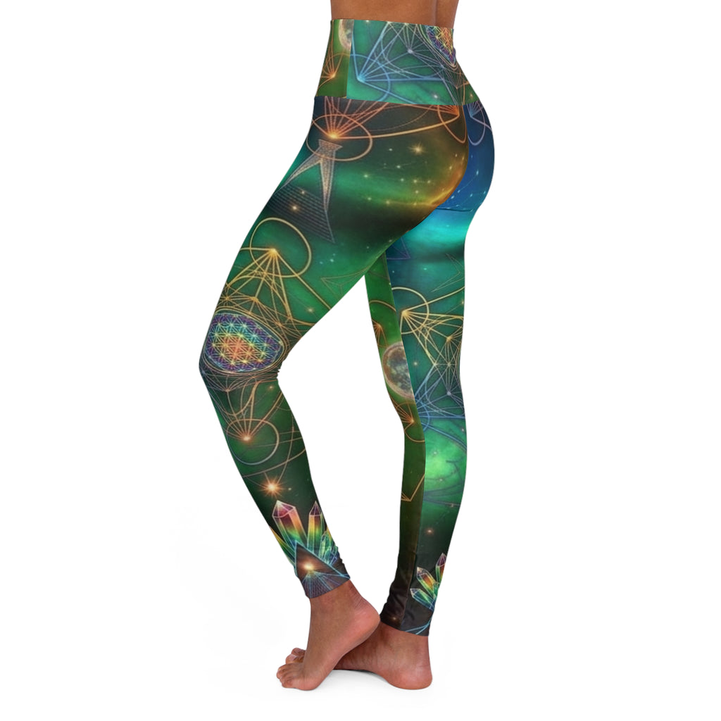 Cosmic Mandala Leggings High Waisted Yoga Leggings | Galaxy Green Blue Astral