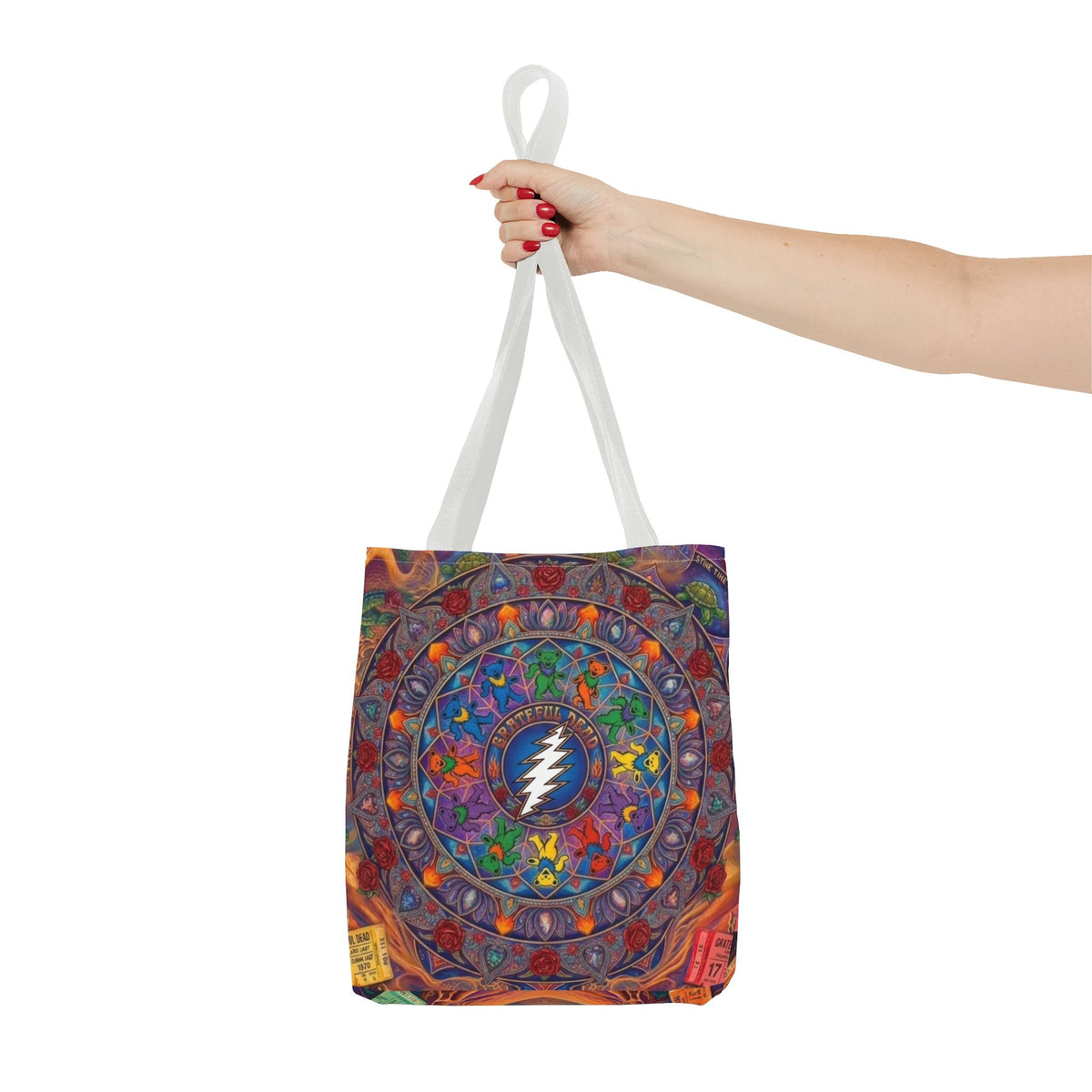 Psychedelic Mandala with Lightning Skull Tote Bag | Colorful Grateful Dead Art