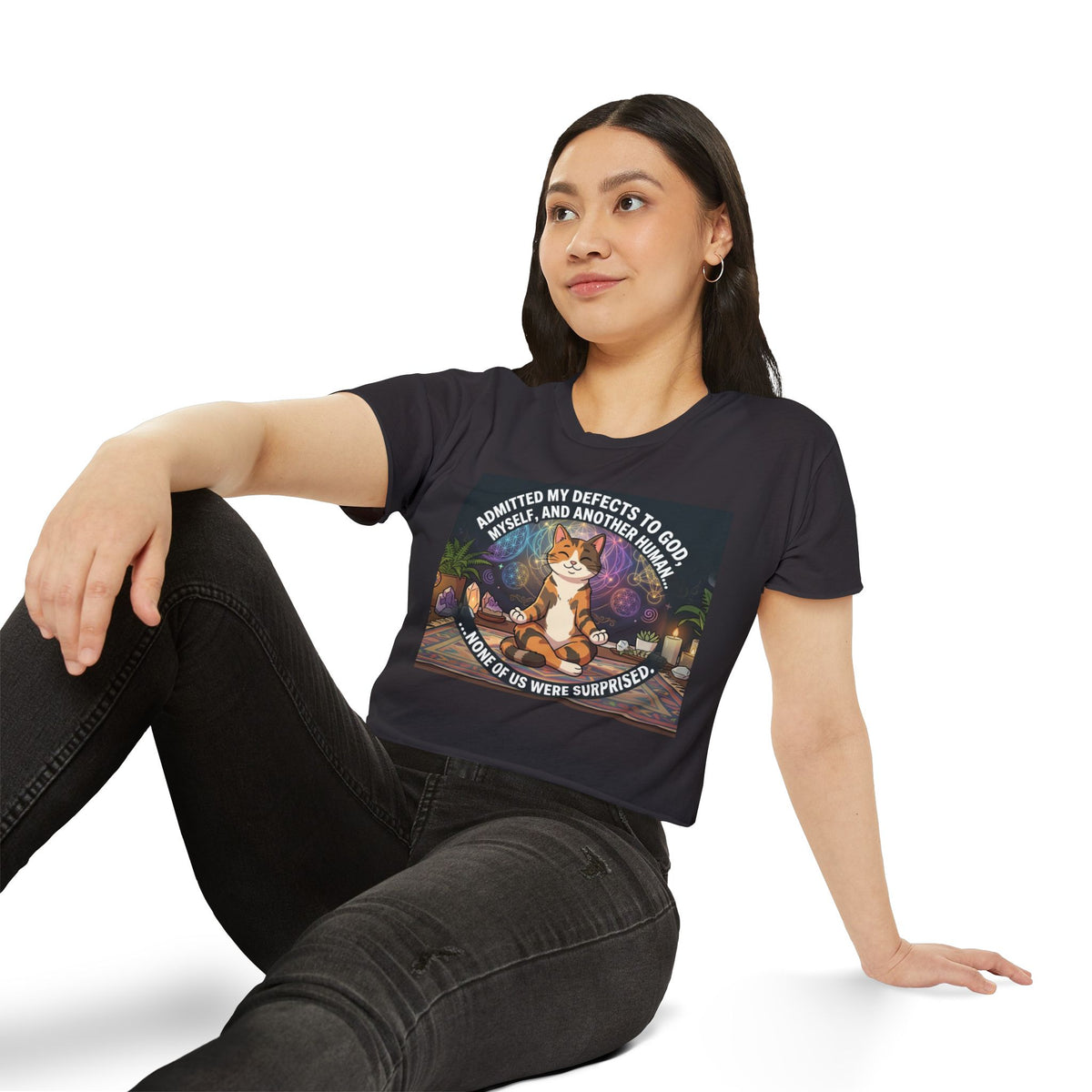 Spiritual Cat Meditating Crop Top Boho Festival Yoga Tee Funny NA Recovery Quote Sacred Geometry Graphic Shirt