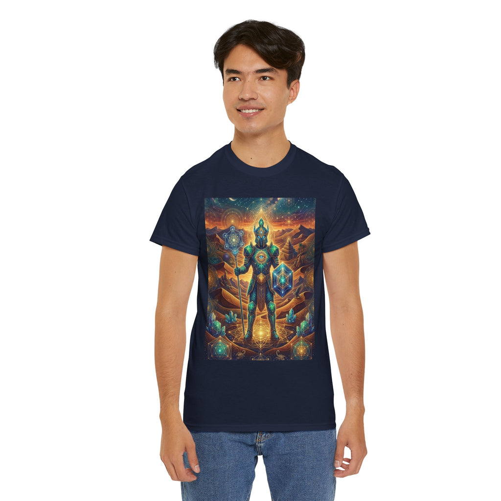 Cosmic Guardian Warrior T-Shirt | Mystic Geometric Armor, Starglow Artwork