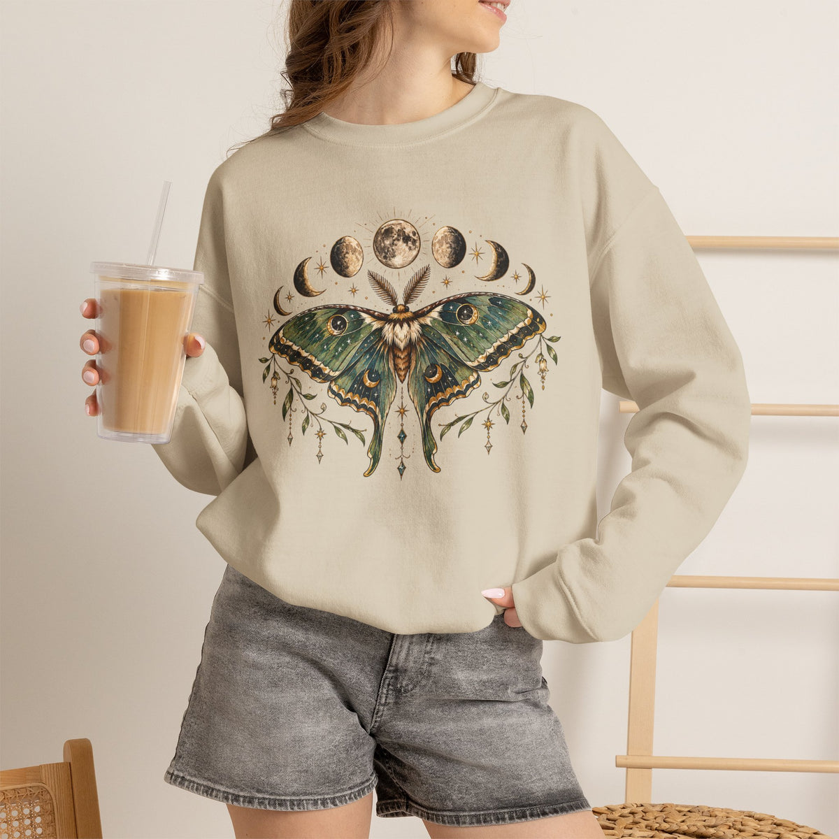 Luna Moth and Moon Phases Sweatshirt | Botanical Moth Illustration