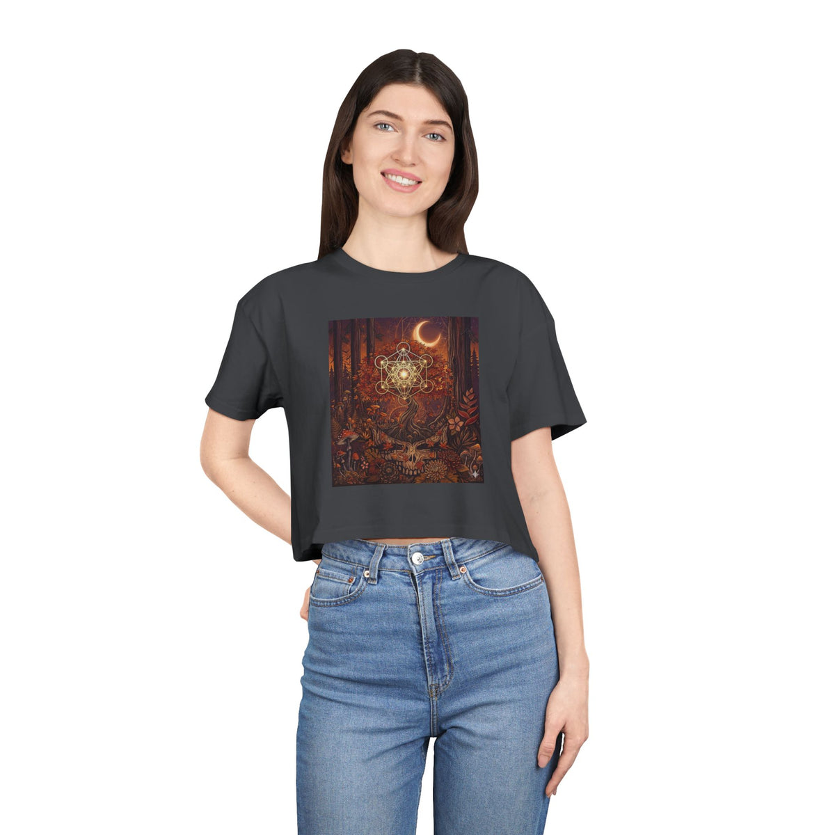 Celestial Moon Mandala Forest Scene Crop Tee | Mystic Night Nature Top