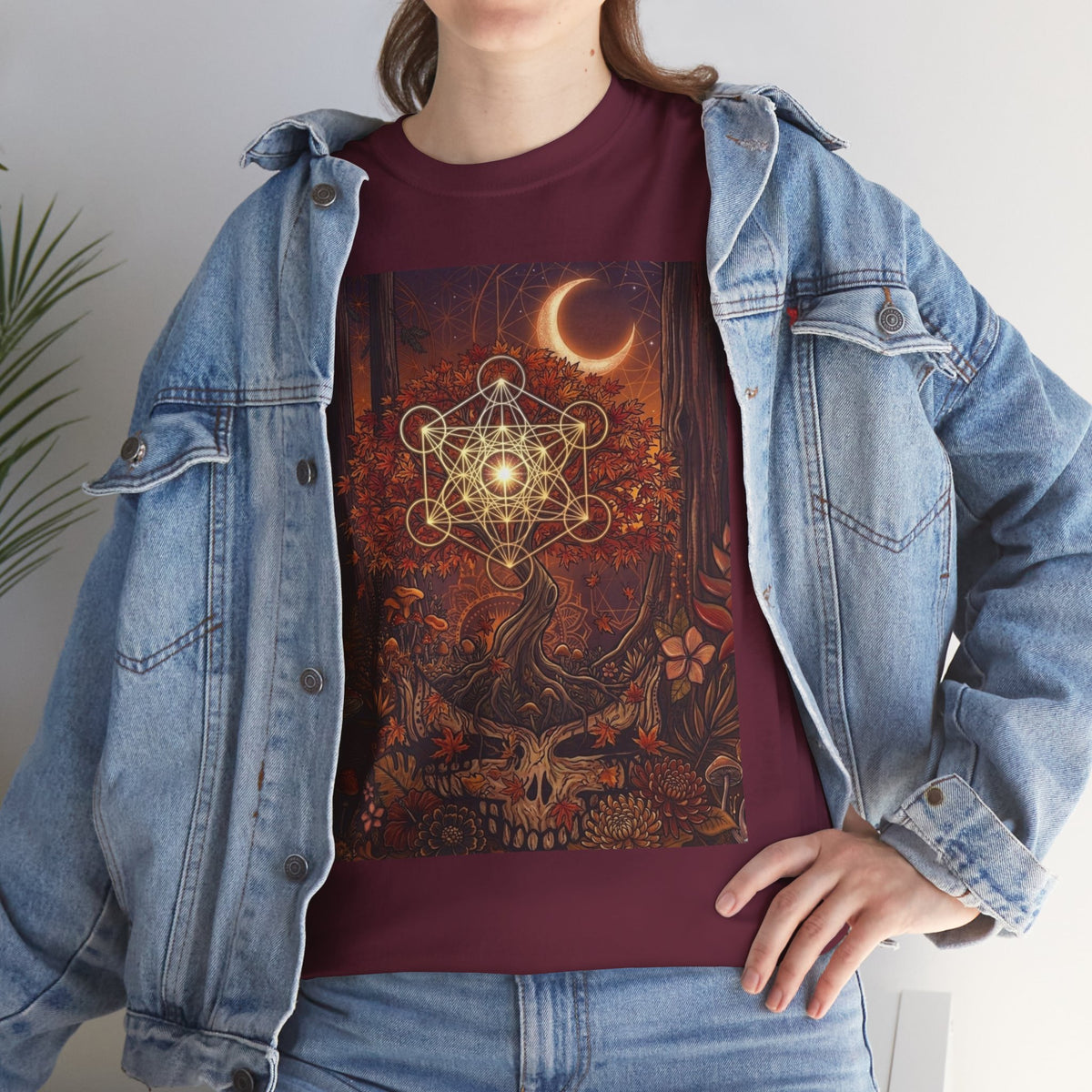 Metatron's Cube Crescent Moon T-Shirt | Mystic Forest Skull Design, Deadhead gift