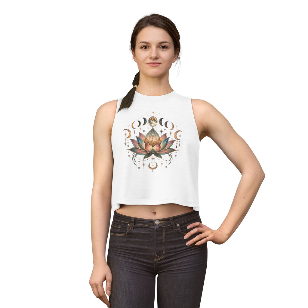 Lotus Moon Phases Crop Top | Boho Celestial Floral Yoga Tank, Boho Hippie Style, Burning Man Style, Deadhead Girl