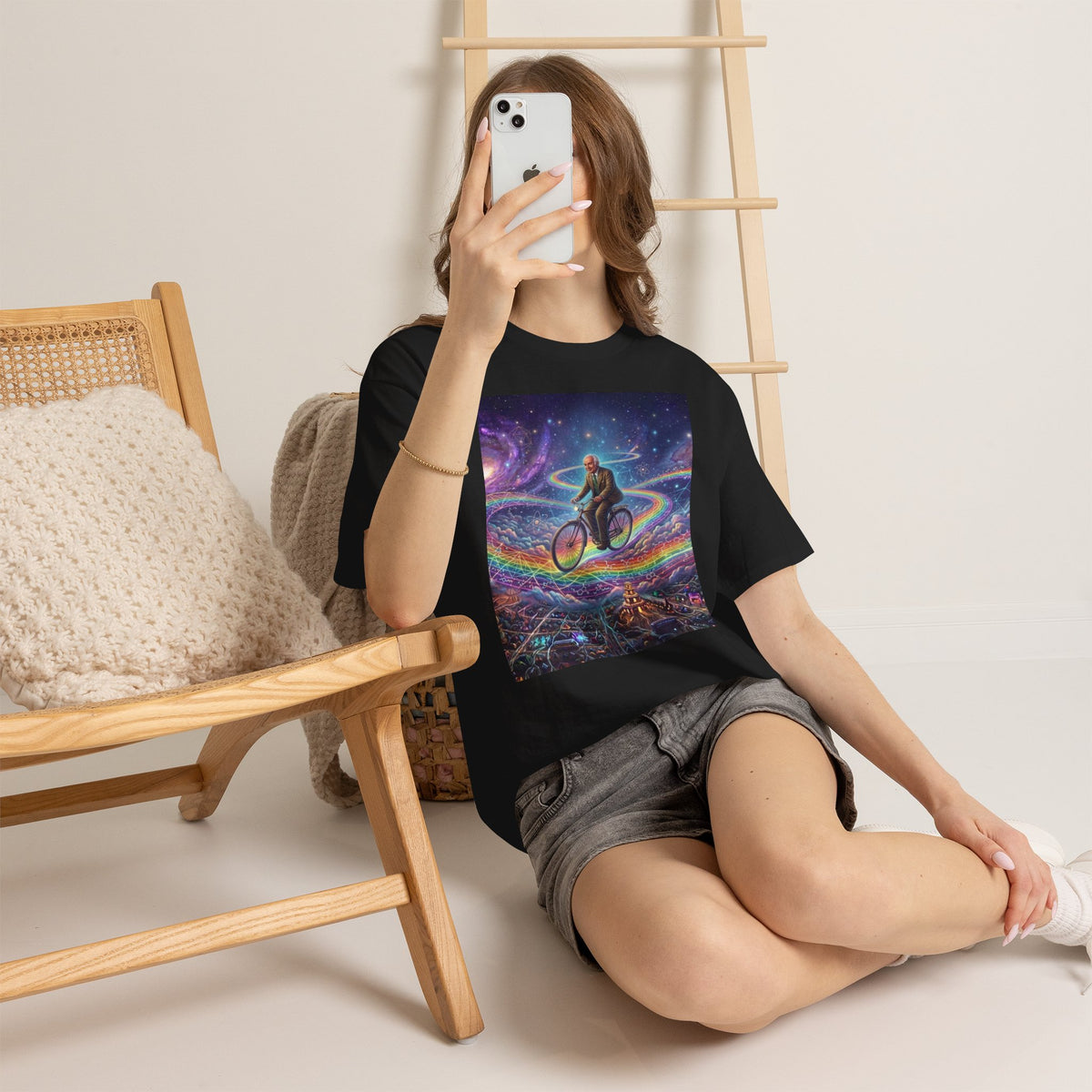 Albert Hoffman Riding Bicycle Through Rainbow Galaxy T-Shirt | Surreal Cosmic Art, Deadhead Gift