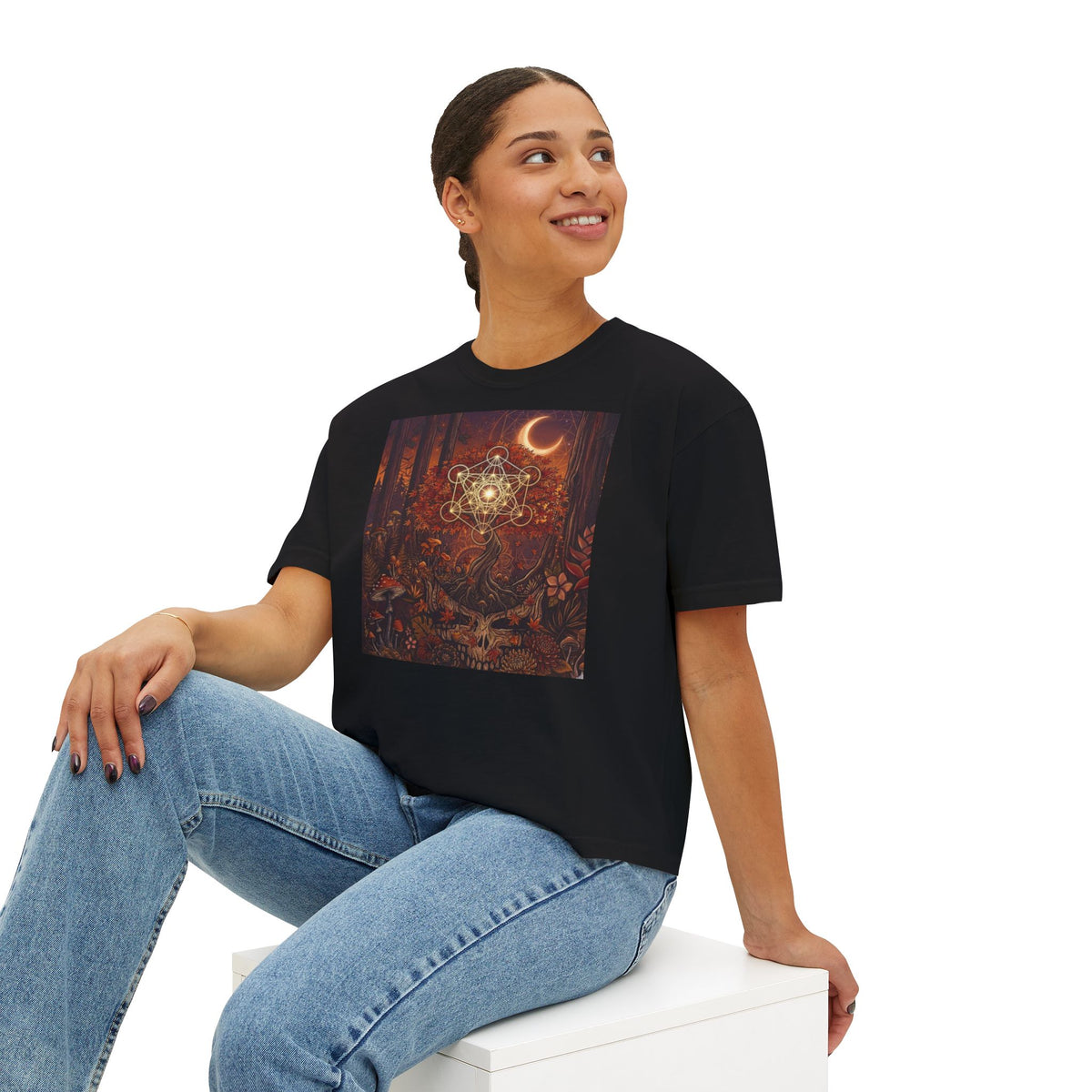 Mystic Forest Mandala Women's Boxy Tee | Crescent Moon, Woodland Animals, Boho Art, deadhead gift