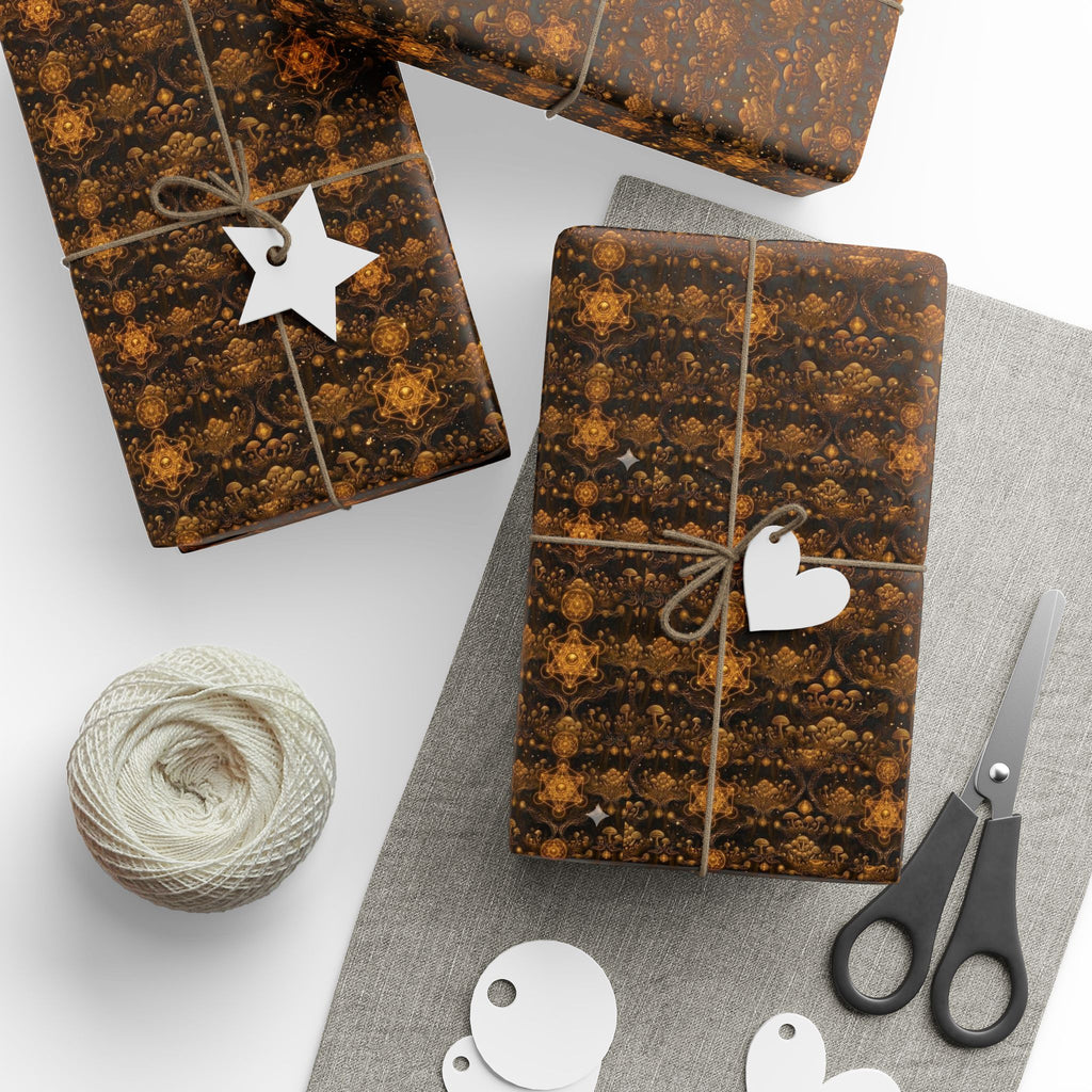 Sacred Earth Gold Mandala Pattern Wrapping Paper | Brown Decorative Gift Wrap, Burning Man Christmas wrapping paper