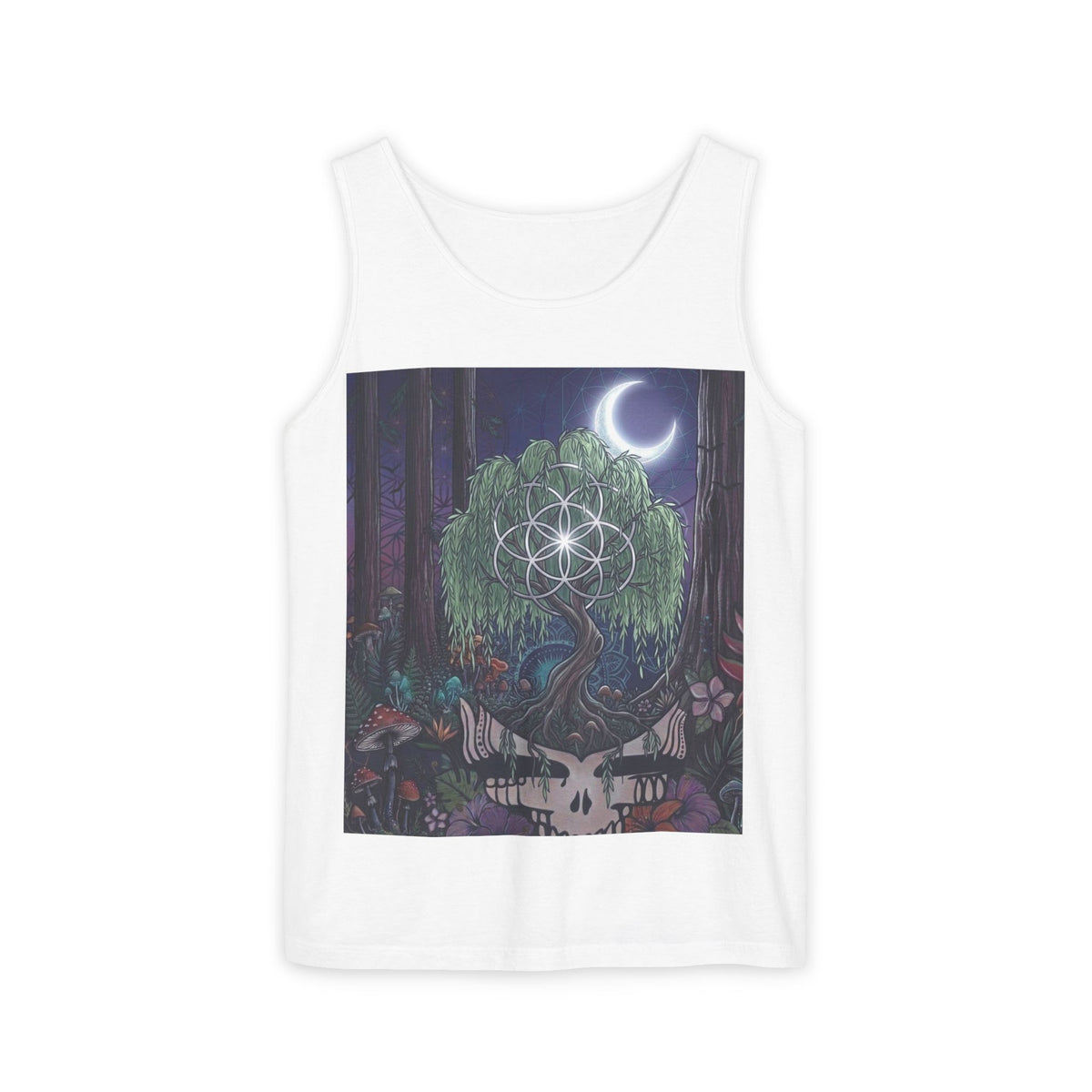 Mystical Moonlit Forest Tree Tank Top | Crescent Moon, Geometric Flower of Life