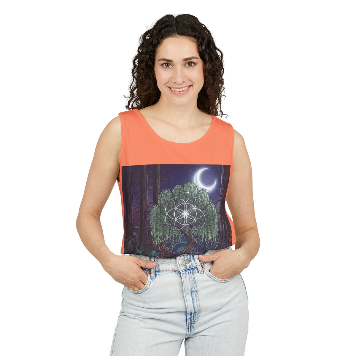 Mystical Moonlit Forest Tree Tank Top | Crescent Moon, Geometric Flower of Life