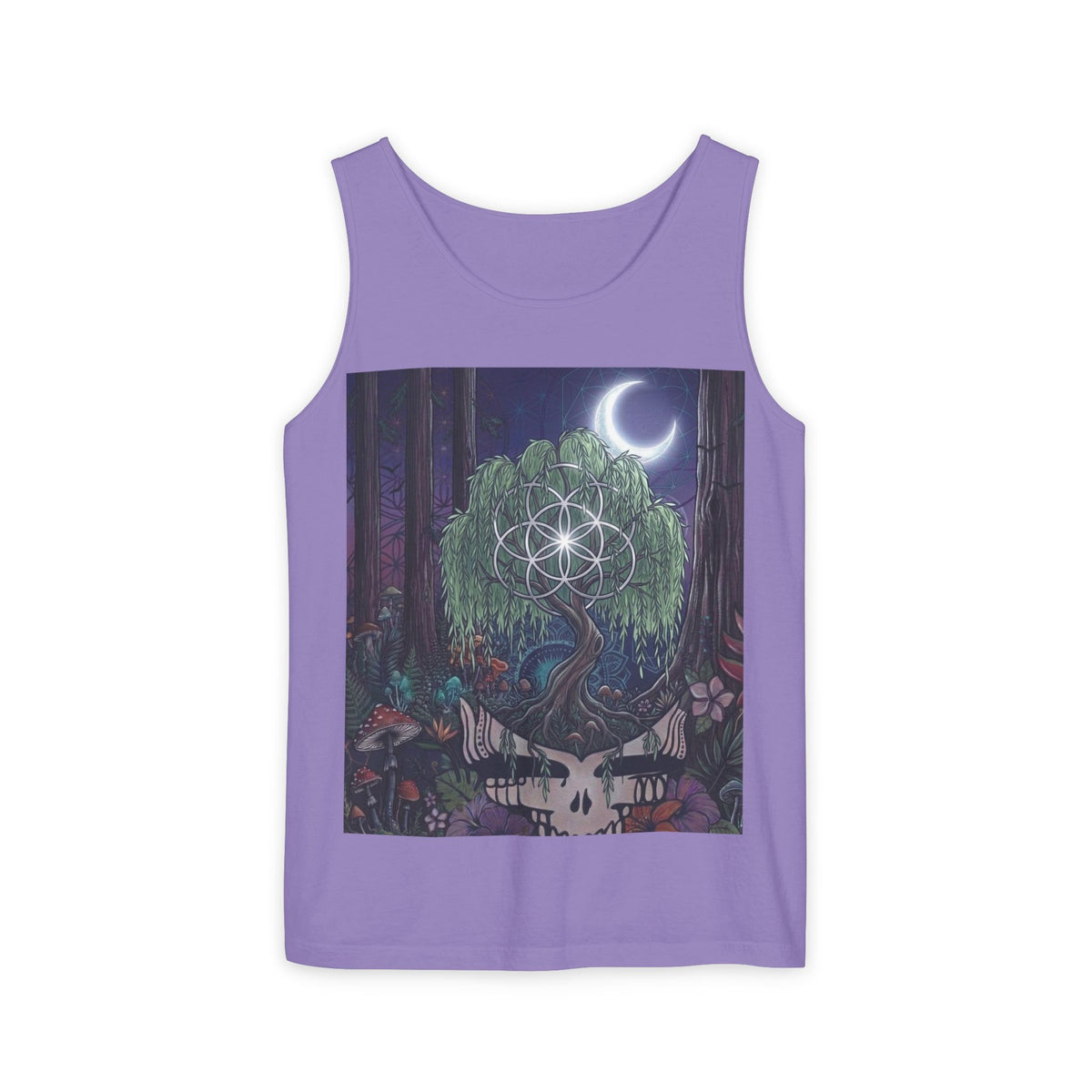 Mystical Moonlit Forest Tree Tank Top | Crescent Moon, Geometric Flower of Life