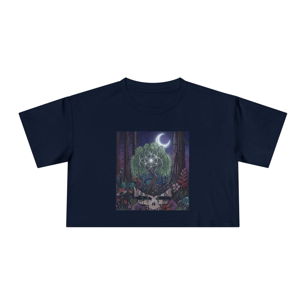 Moonlit Forest Skull Crop Tee | Deer Antlers, Celestial Tree, Night Nature