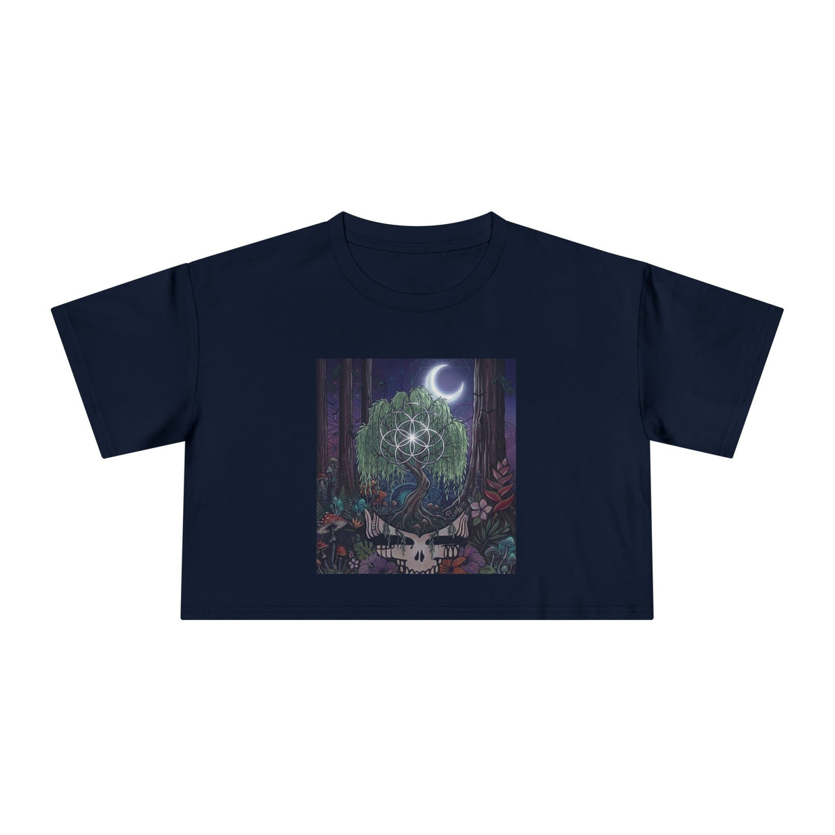Moonlit Forest Skull Crop Tee | Deer Antlers, Celestial Tree, Night Nature