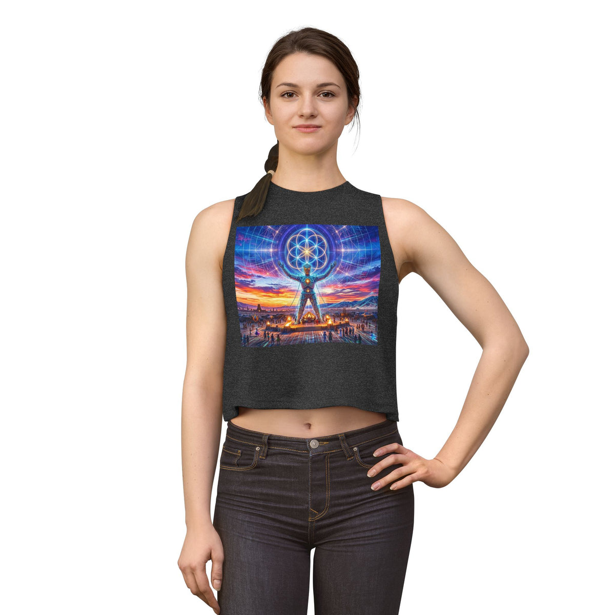 Sacred Geometry Burner Figure Crop Top | Psychedelic Sunset Temple, Black Rock City, Feel the Burn, Burning Man Vision Quest