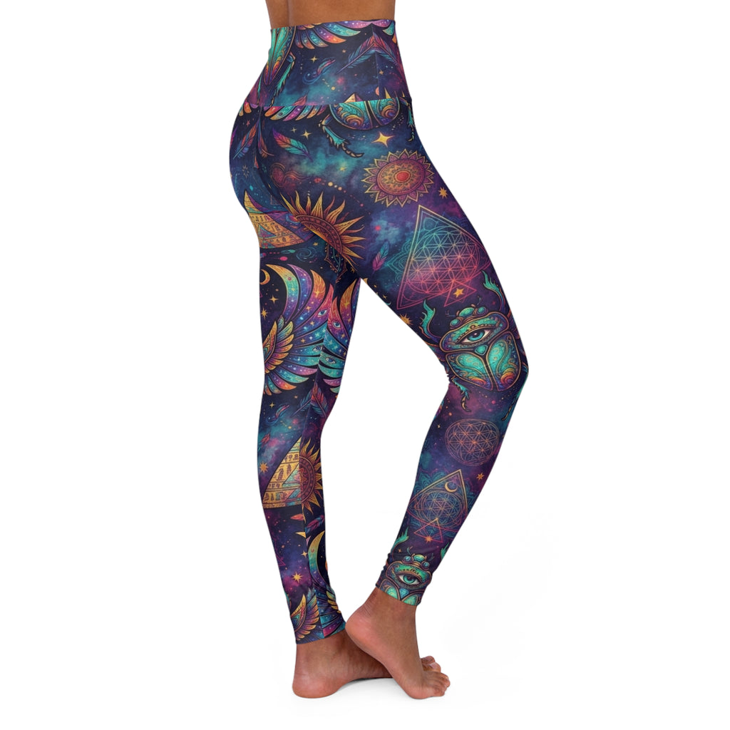 High Waisted Celestial Pyramid Sun & Moon Leggings | Psychedelic Sacred Geometry Scarab Pants, Earth Tone Festival Apparel