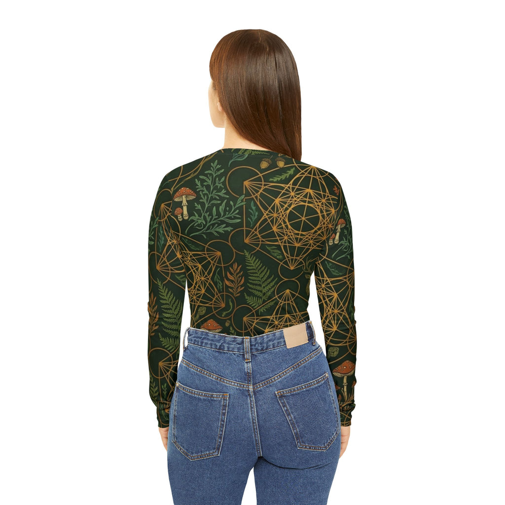 Botanical Geometric Pattern V-neck Long Sleeve Shirt | Mushrooms, Ferns
