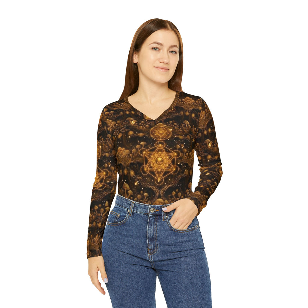 Golden Kaleidoscope Pattern Women's Long Sleeve V-neck Shirt | All-over Print, Burner Gear