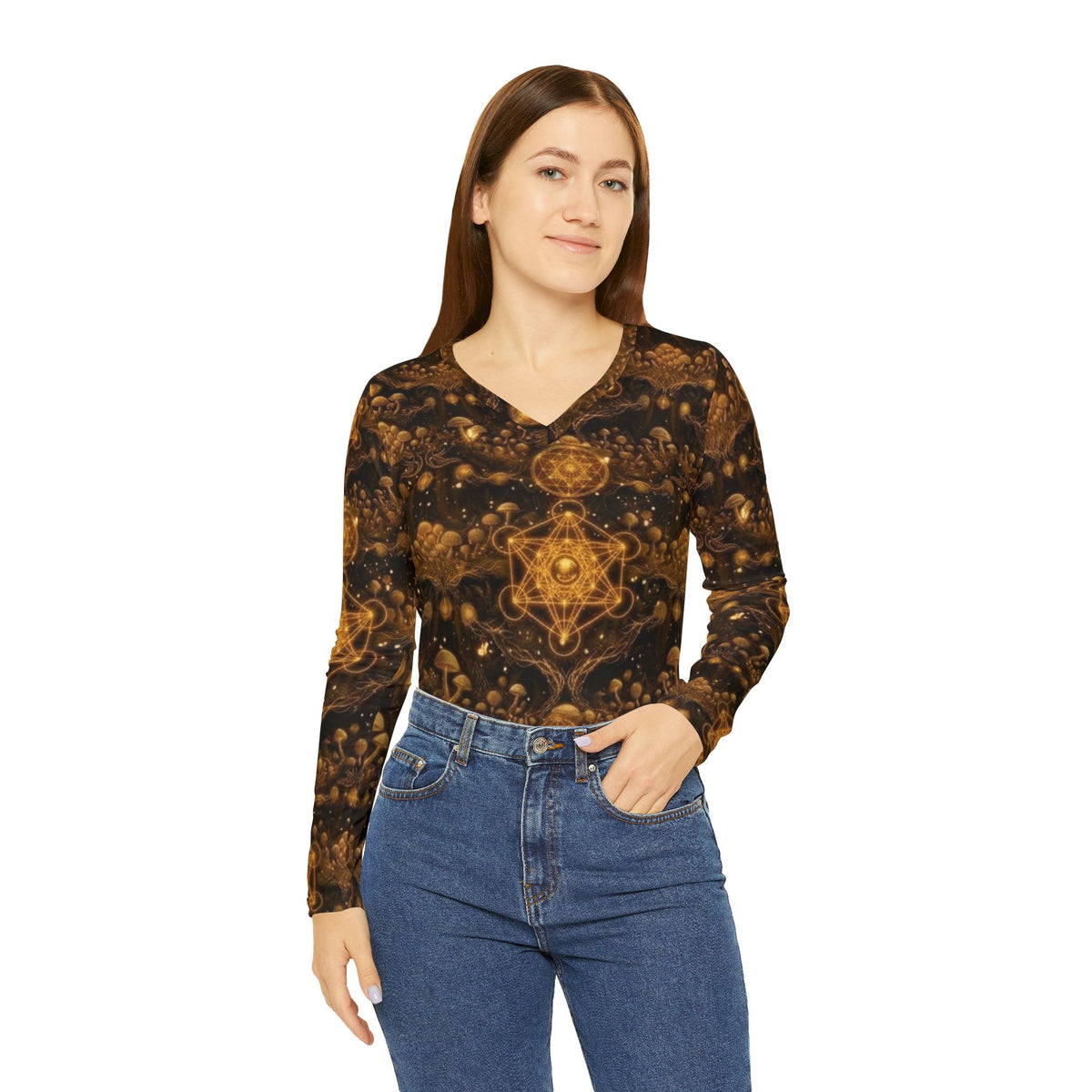 Golden Kaleidoscope Pattern Women's Long Sleeve V-neck Shirt | All-over Print, Burner Gear