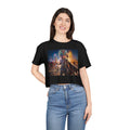 Aztec Warrior Goddess Crop Tee | Mythic Aztec Headdress, City Sunset