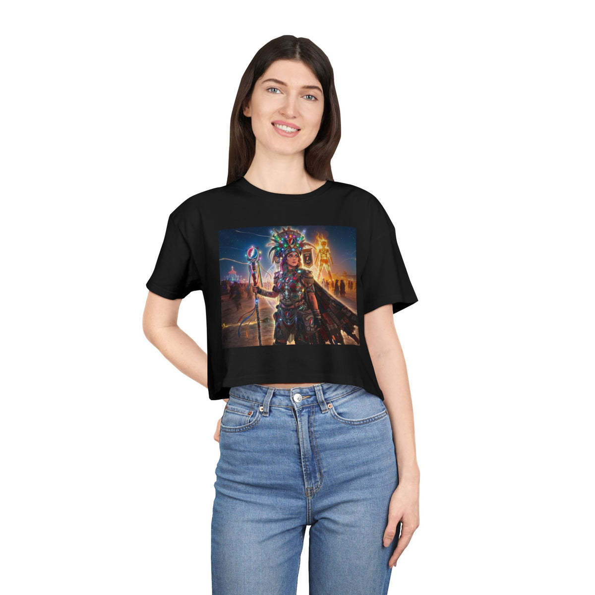 Aztec Warrior Goddess Crop Tee | Mythic Aztec Headdress, City Sunset
