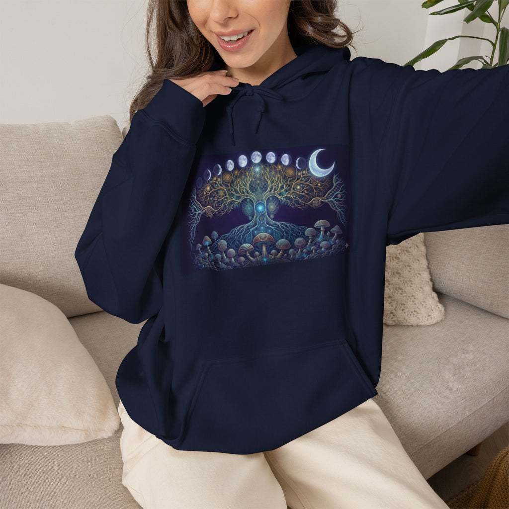 Celestial Tree of Life Hoodie | Moon Phases, Mystic Forest Illustration, Burning Man Apparel