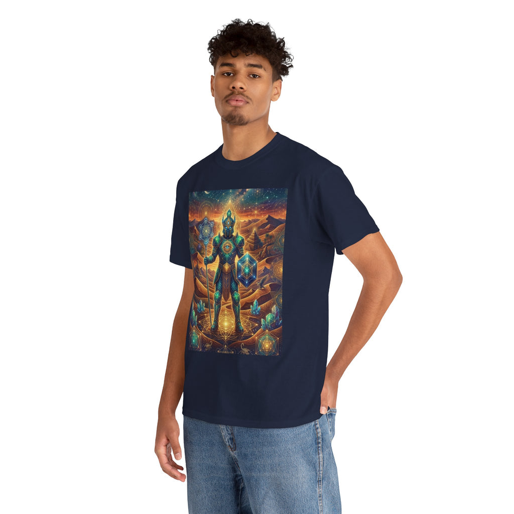 Cosmic Guardian Warrior T-Shirt | Mystic Geometric Armor, Starglow Artwork
